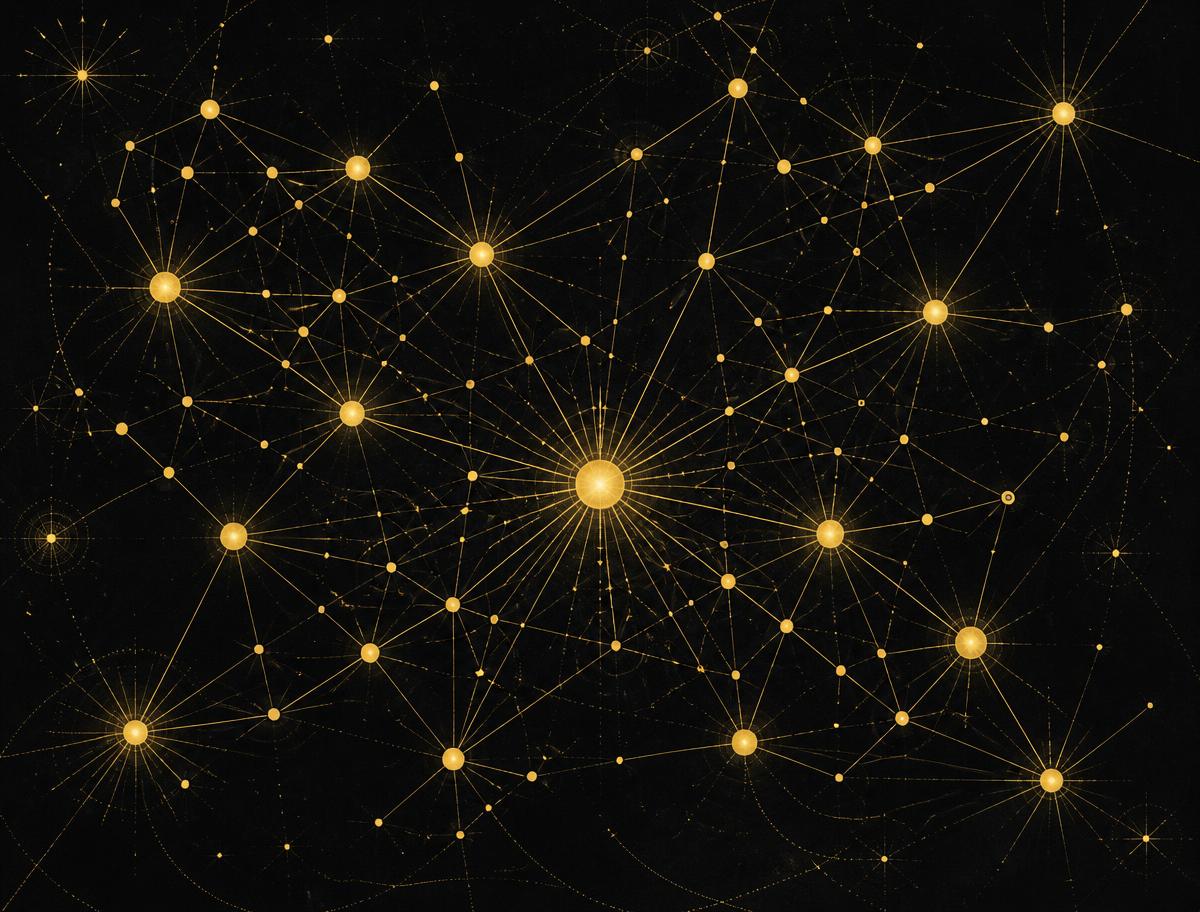 Network of golden constellation nodes connected by fine threads