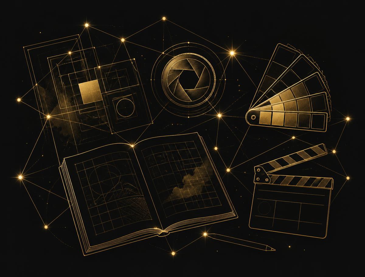 Golden line-art sketchbook, layout frames, camera aperture, colour swatches and film clapper linked by constellation lines