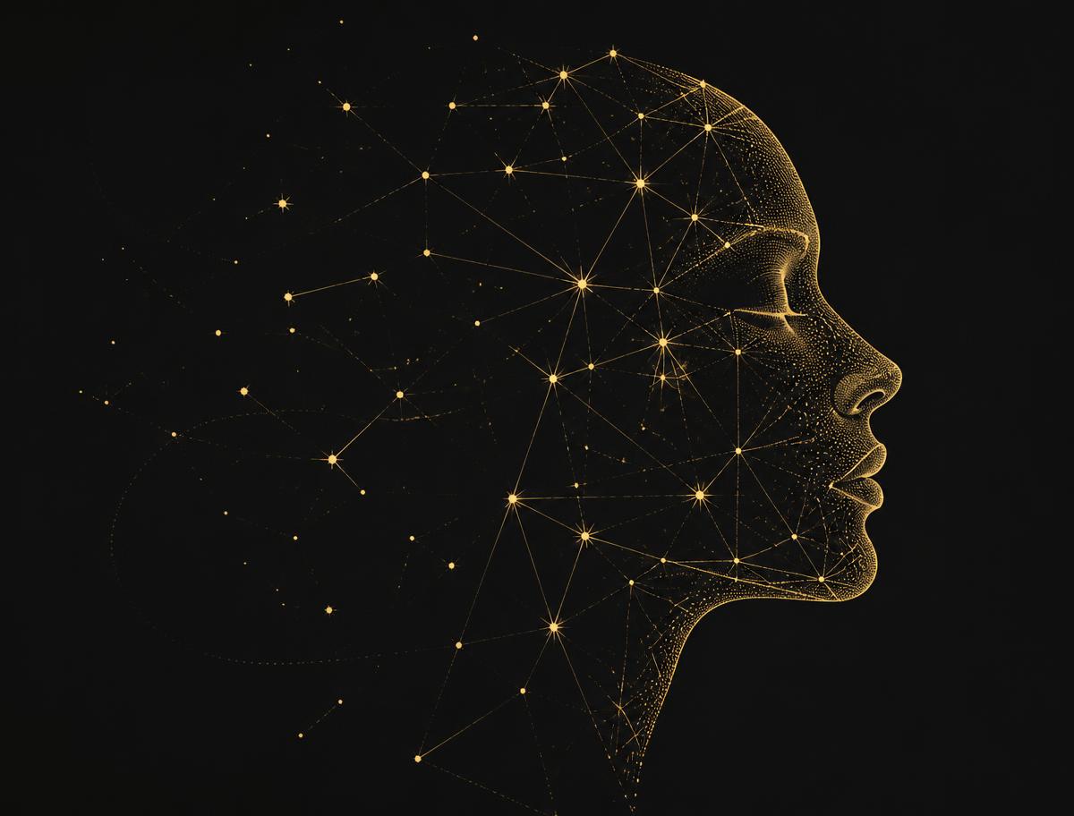 Human profile drawn as a golden constellation of connected data points