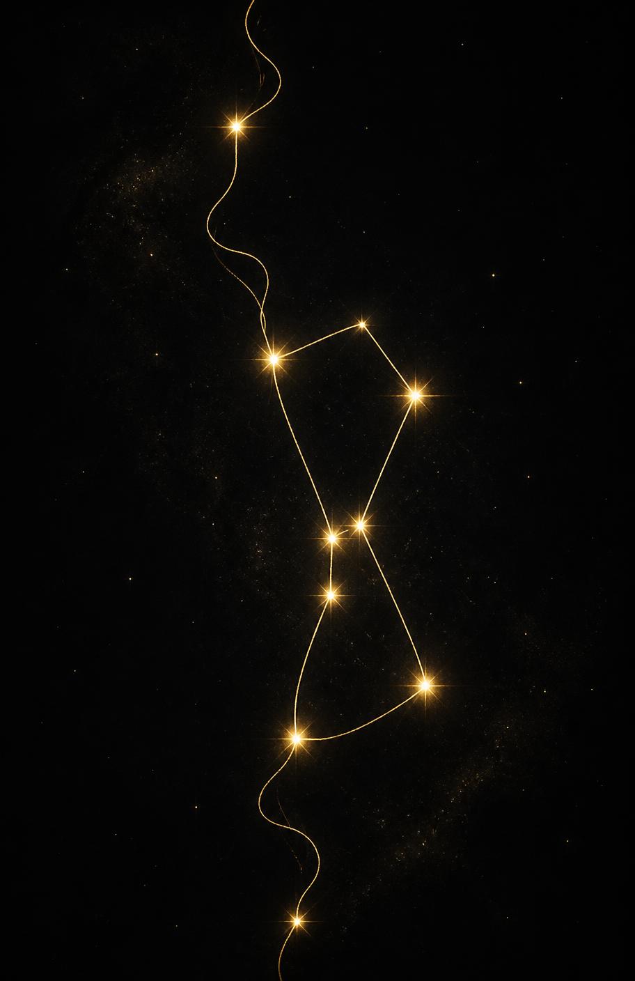 A golden thread rising through the Orion constellation against a dark sky